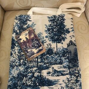 Blue and White Tote Bag with Scenic Print